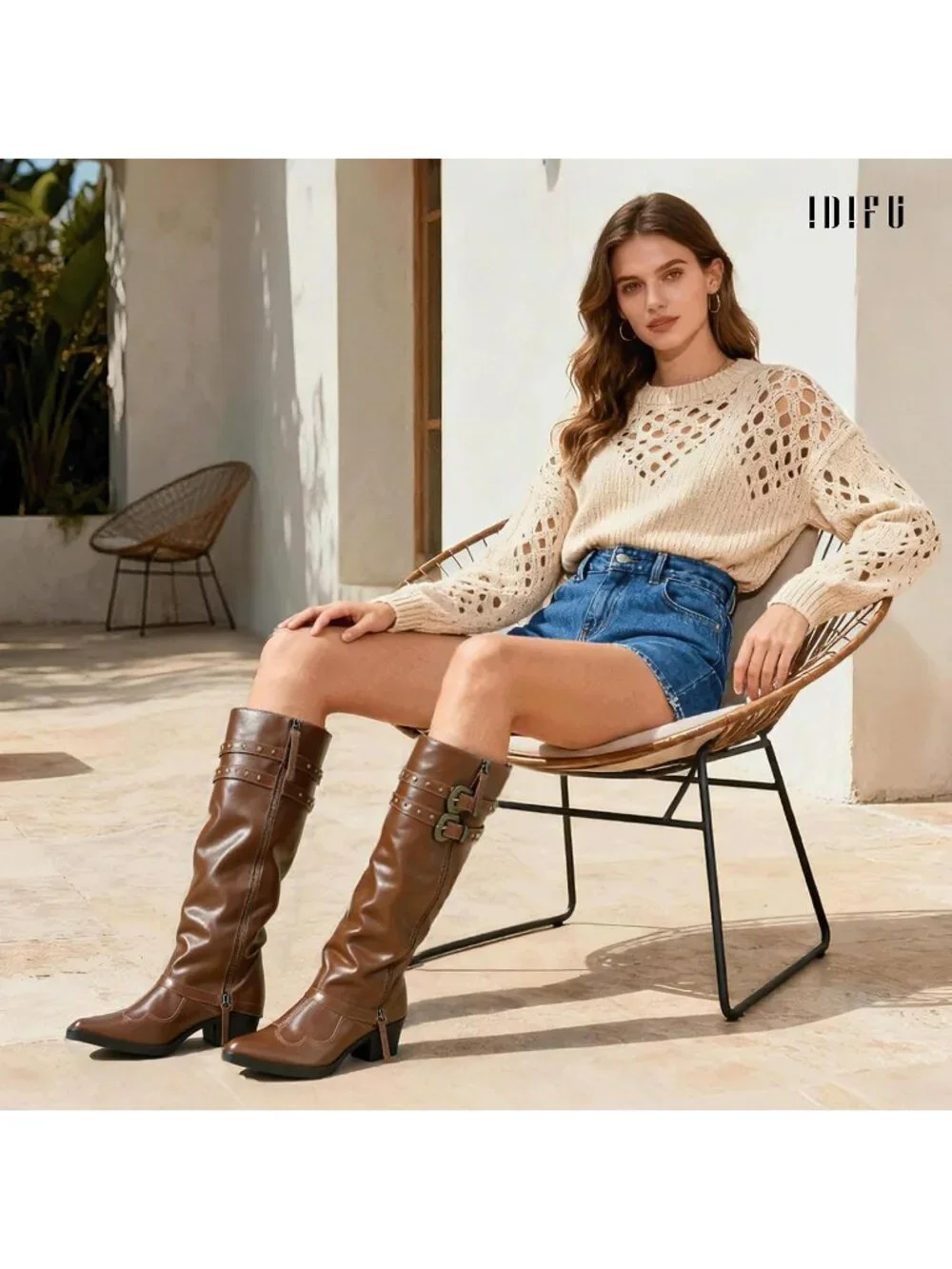 Women's Brown pu Manmade Knee High Fold Over Studded Chunky Heel Shark Boots
